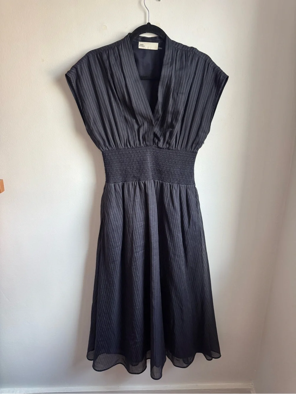 Tory Burch pinstripe-pattern smocked midi dress